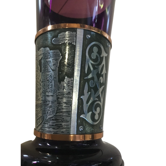 VTG Gdańsk Poland Souvenir Pitcher & Goblet Set – Amethyst Glass & Metal Etching - Picture 10 of 16